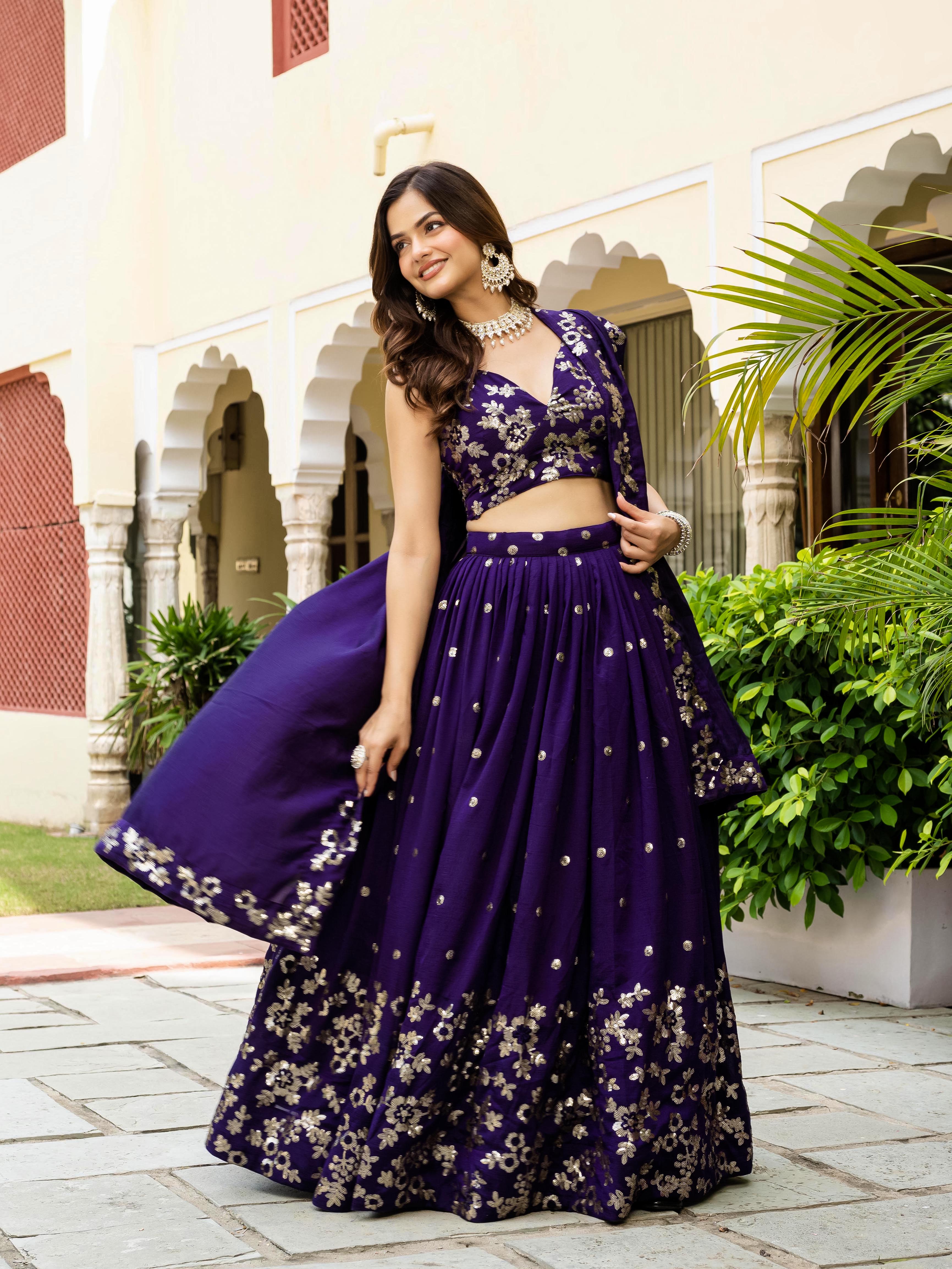 Women's Vichitra Embroidered Semi-Stitched Lehenga Choli with Vichitra Dupatta