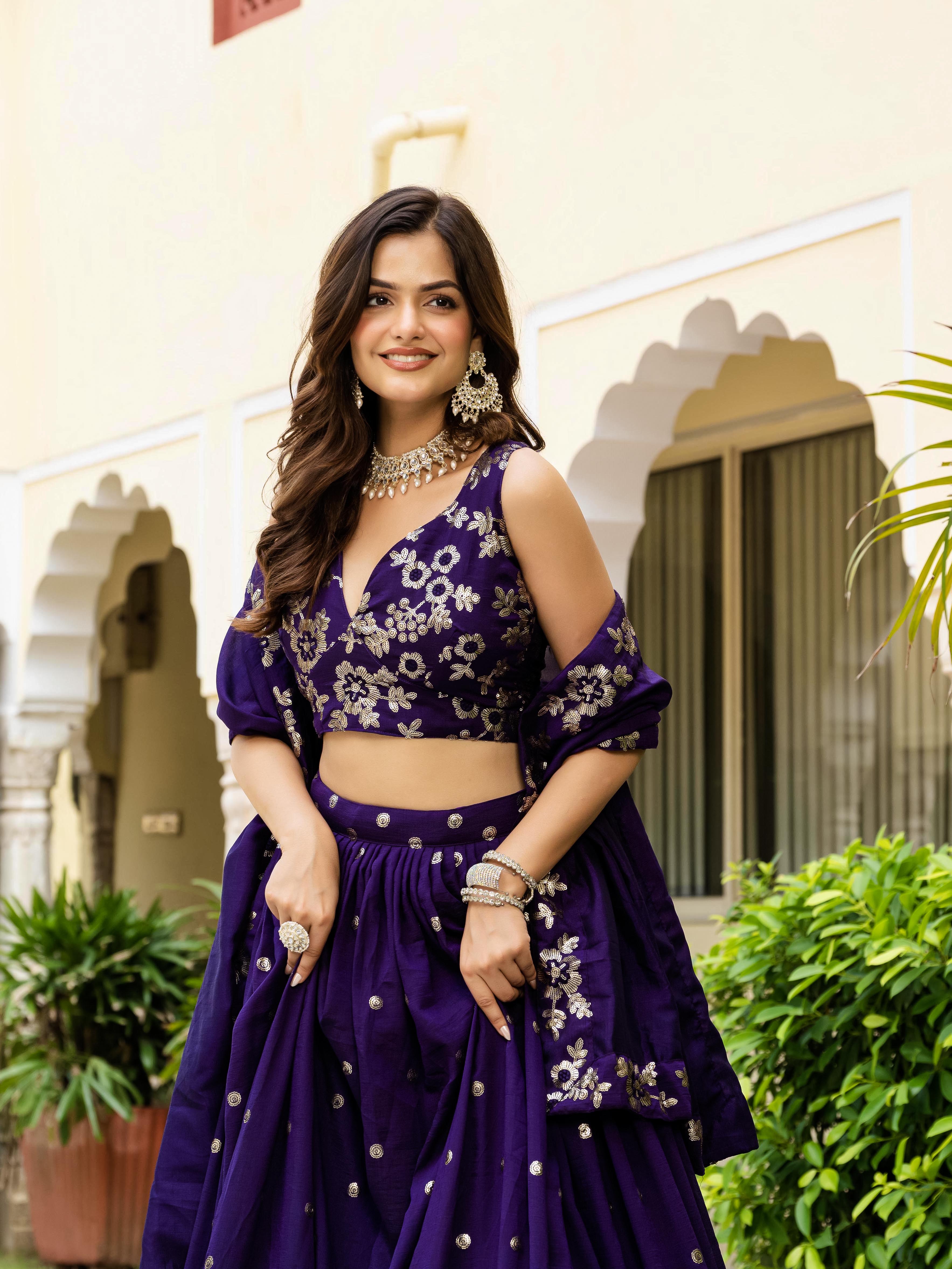 Women's Vichitra Embroidered Semi-Stitched Lehenga Choli with Vichitra Dupatta