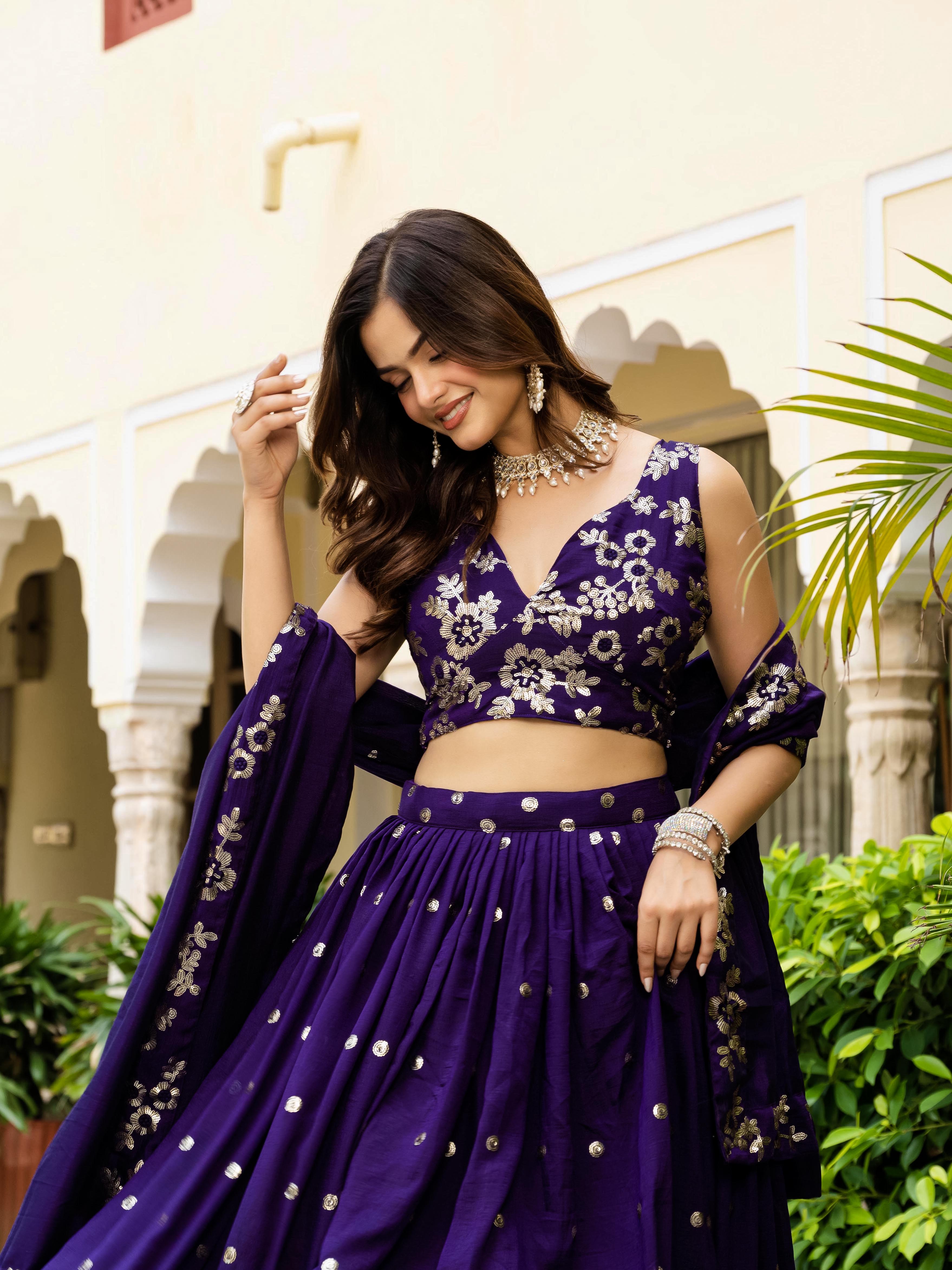 Women's Vichitra Embroidered Semi-Stitched Lehenga Choli with Vichitra Dupatta