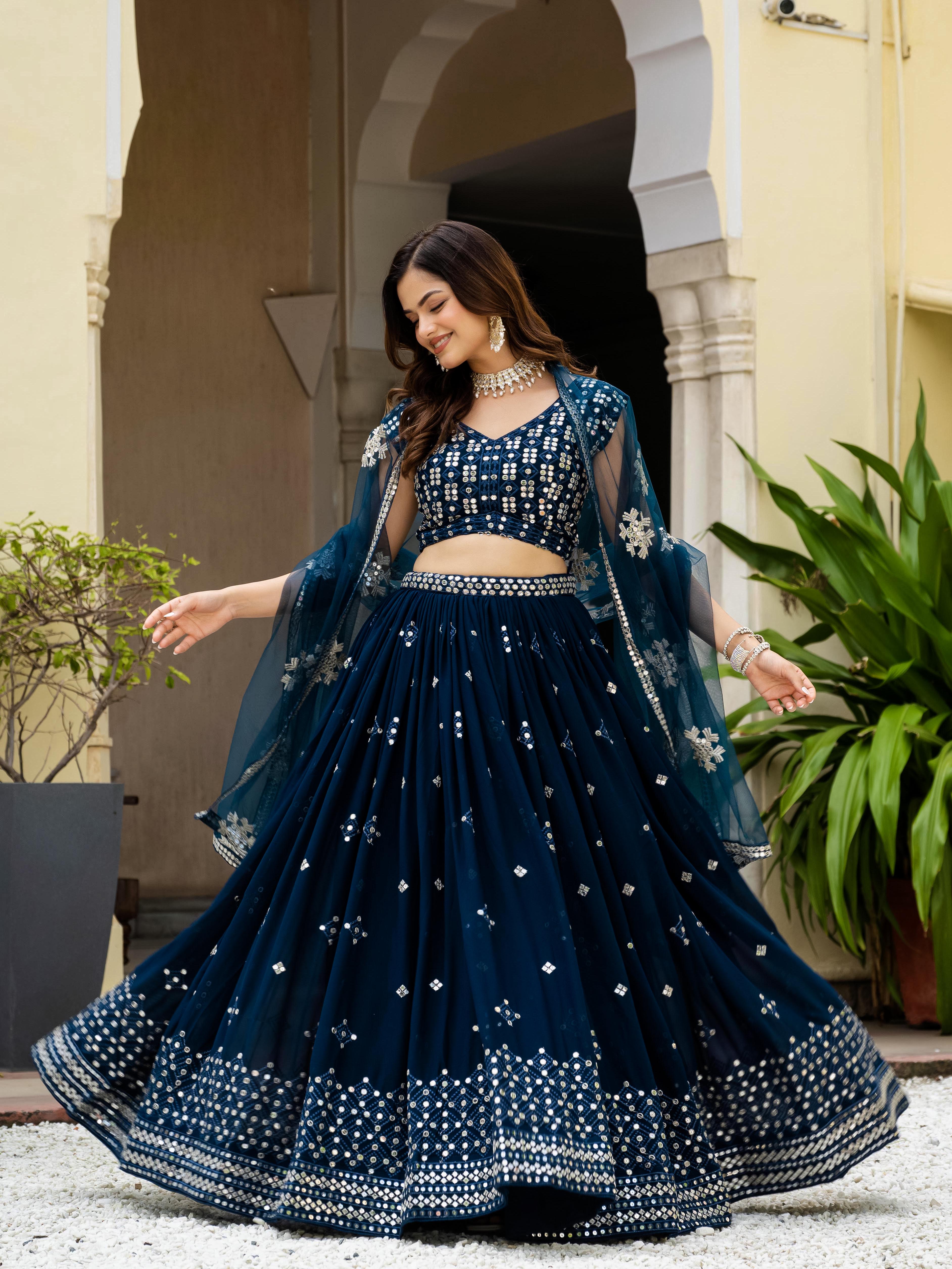 Women's Faux Georgette Heavy Embroidered Semi-Stitched Lehenga Choli with Net Dupatta