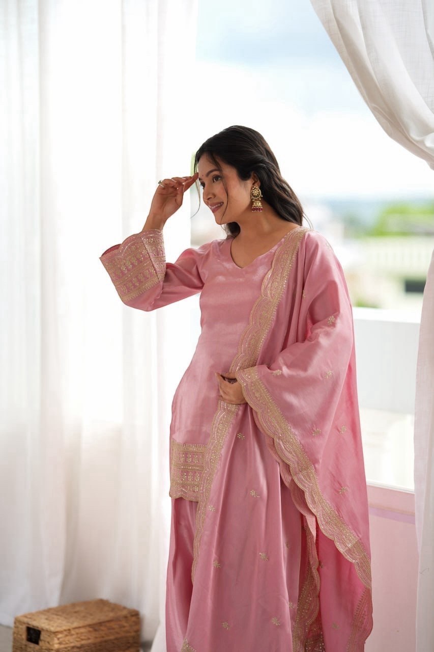 Women's Glass Roman Silk Embroidered Kurta Farshi Shalwar Set with Dupatta