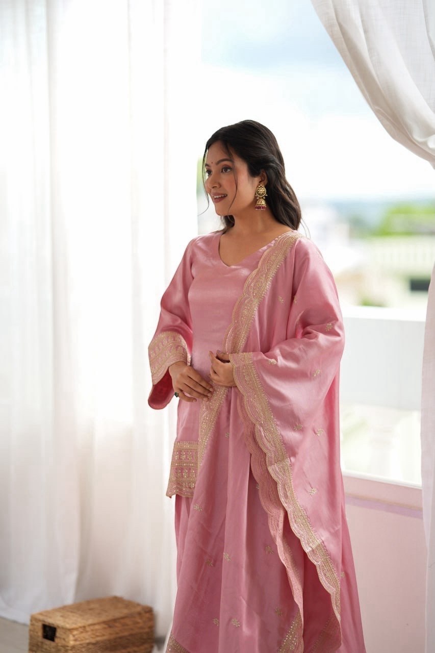 Women's Glass Roman Silk Embroidered Kurta Farshi Shalwar Set with Dupatta