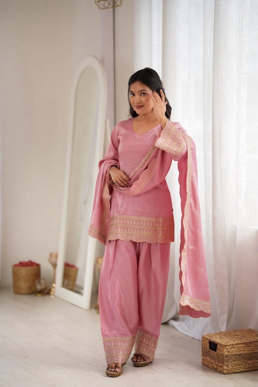 Women's Glass Roman Silk Embroidered Kurta Farshi Shalwar Set with Dupatta