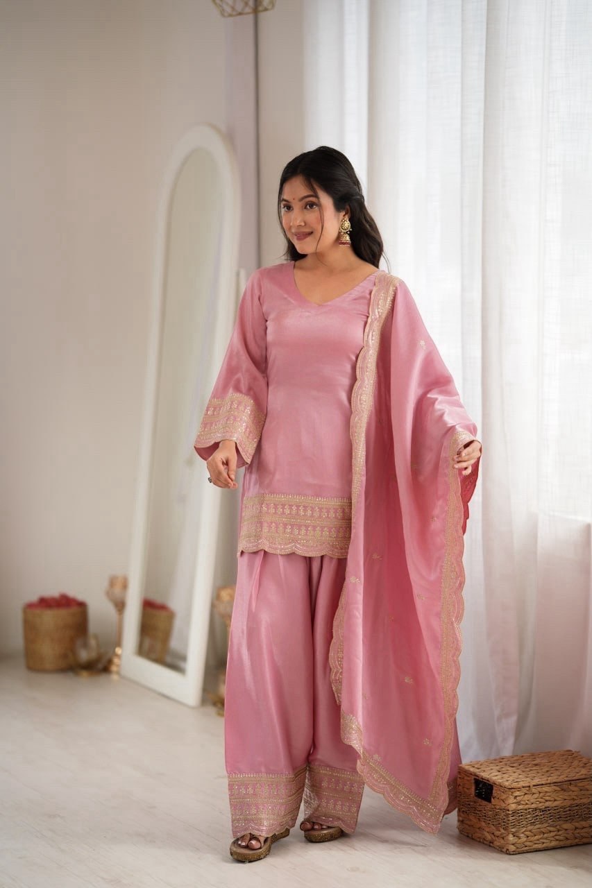 Women's Glass Roman Silk Embroidered Kurta Farshi Shalwar Set with Dupatta