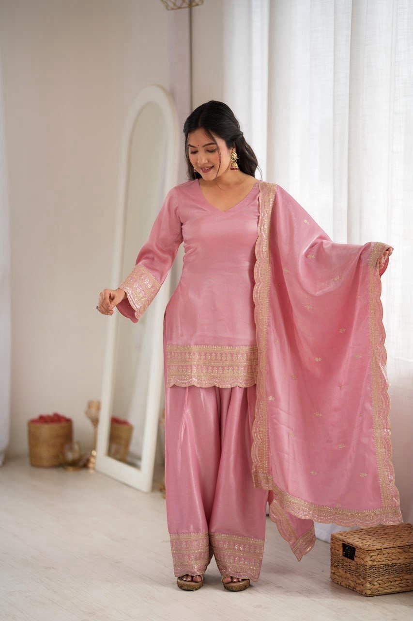 Women's Glass Roman Silk Embroidered Kurta Farshi Shalwar Set with Dupatta