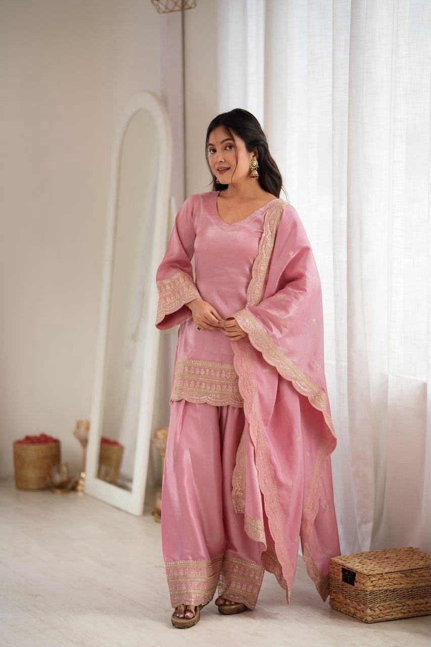 Women's Glass Roman Silk Embroidered Kurta Farshi Shalwar Set with Dupatta