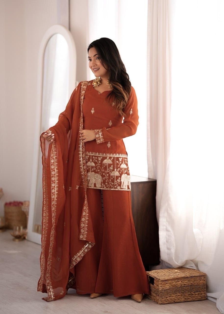 Women's Rust Crunchy Silk Embroidered Kurta Bell Bottom Pant Set with Dupatta