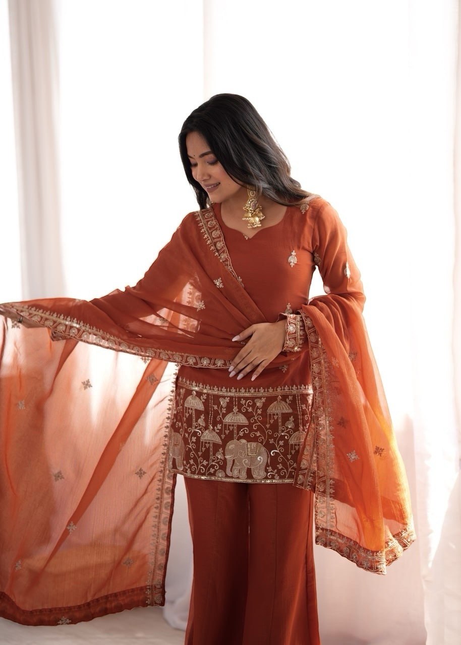 Women's Rust Crunchy Silk Embroidered Kurta Bell Bottom Pant Set with Dupatta