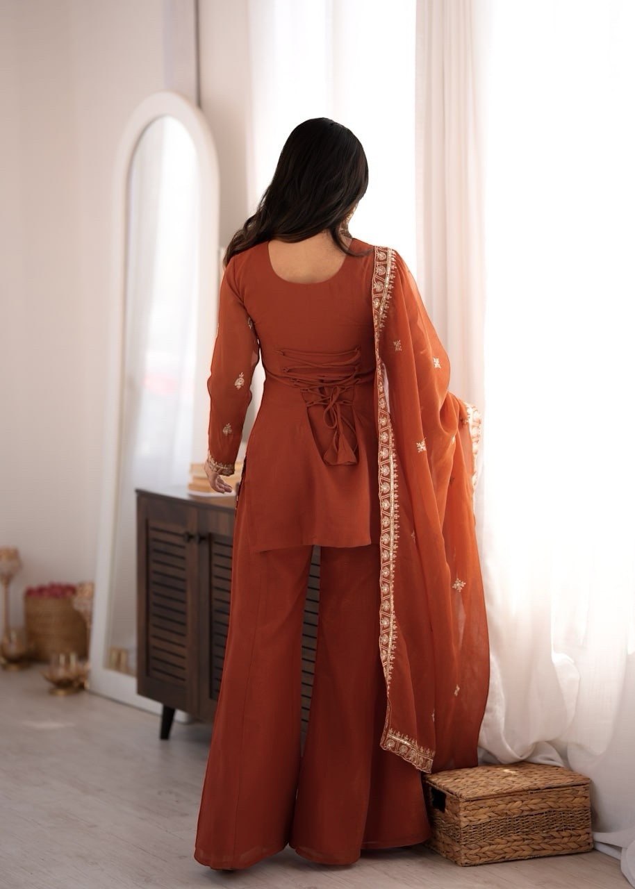 Women's Rust Crunchy Silk Embroidered Kurta Bell Bottom Pant Set with Dupatta