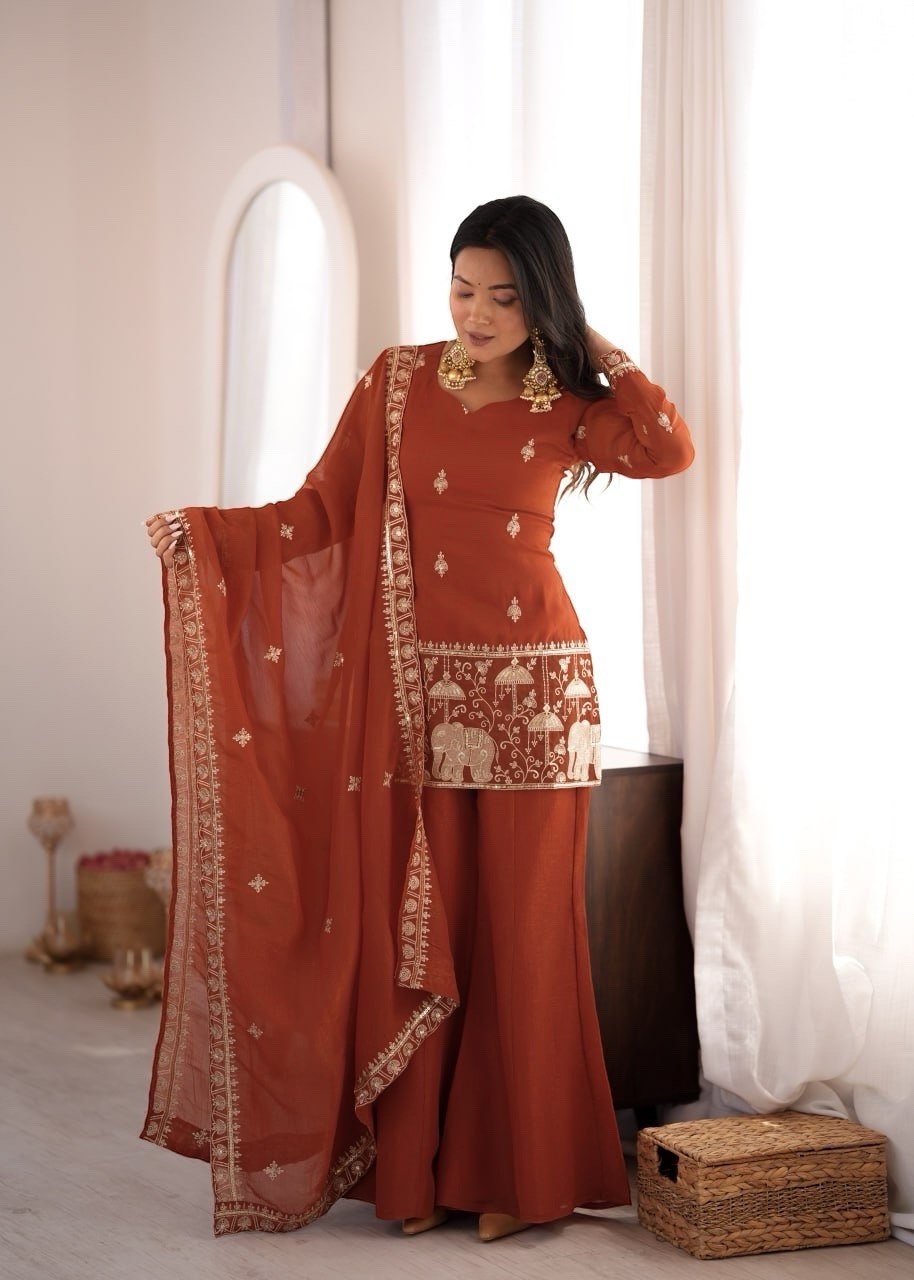 Women's Rust Crunchy Silk Embroidered Kurta Bell Bottom Pant Set with Dupatta