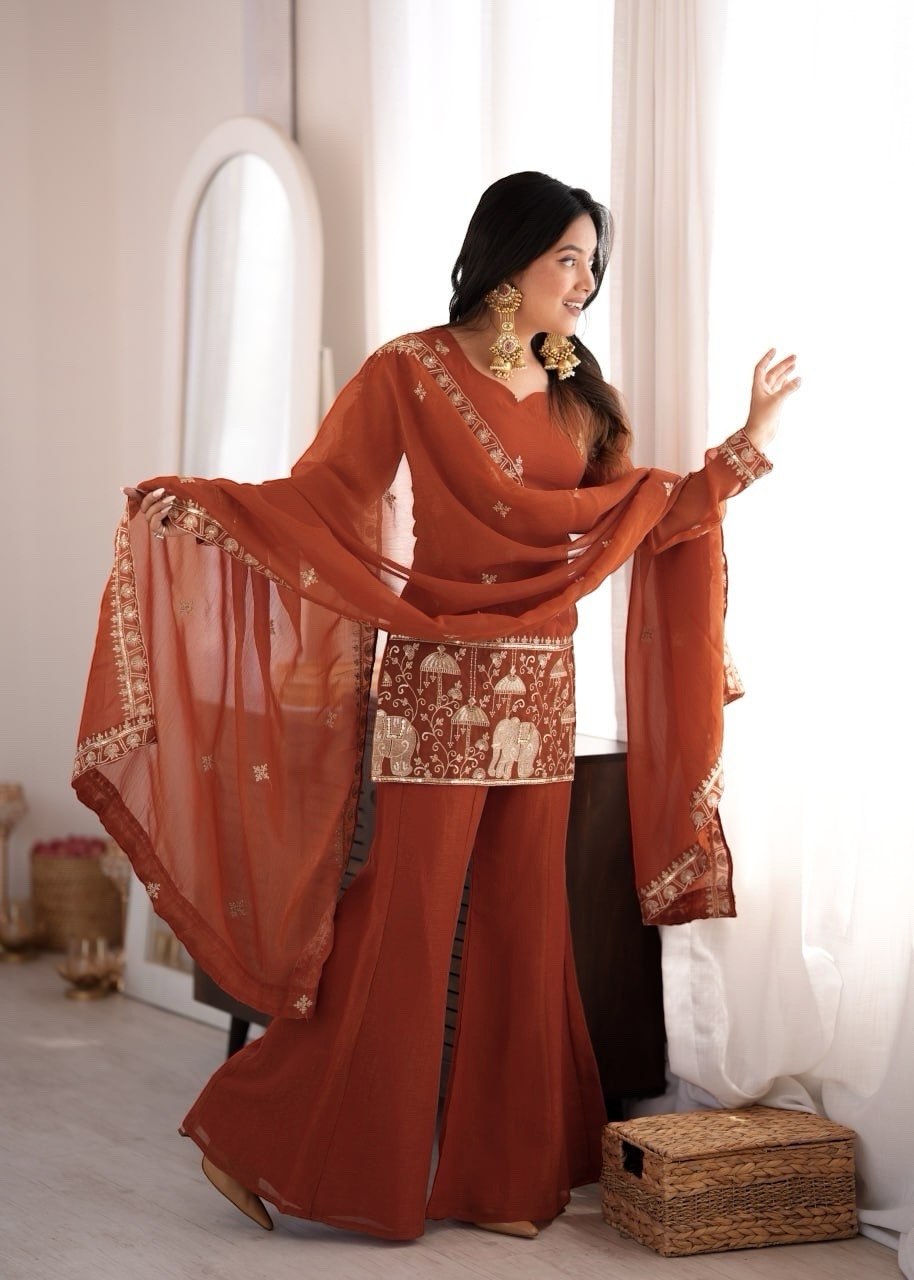 Women's Rust Crunchy Silk Embroidered Kurta Bell Bottom Pant Set with Dupatta