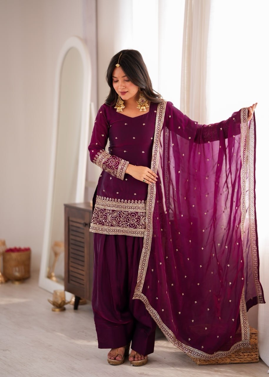 Women's Wine Heavy Fendy Silk Embroidered Kurta Farshi Shalwar Set with Glass Roman Silk Dupatta