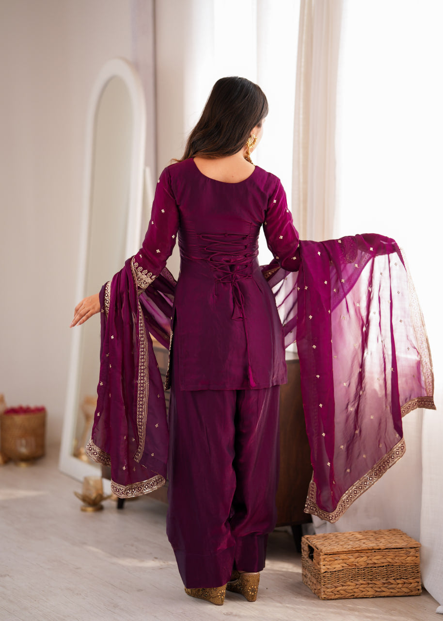Women's Wine Heavy Fendy Silk Embroidered Kurta Farshi Shalwar Set with Glass Roman Silk Dupatta