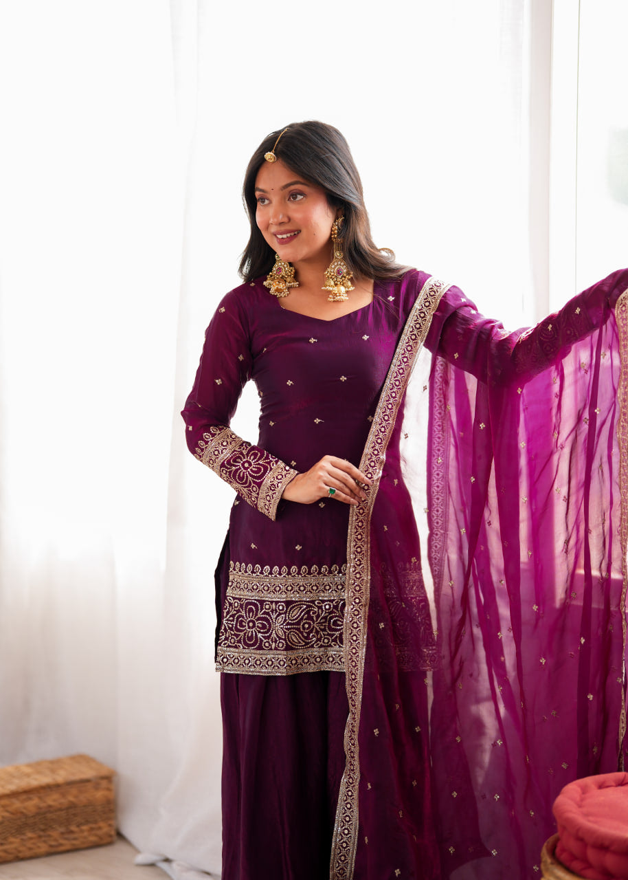 Women's Wine Heavy Fendy Silk Embroidered Kurta Farshi Shalwar Set with Glass Roman Silk Dupatta