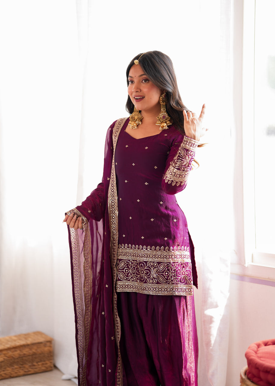 Women's Wine Heavy Fendy Silk Embroidered Kurta Farshi Shalwar Set with Glass Roman Silk Dupatta