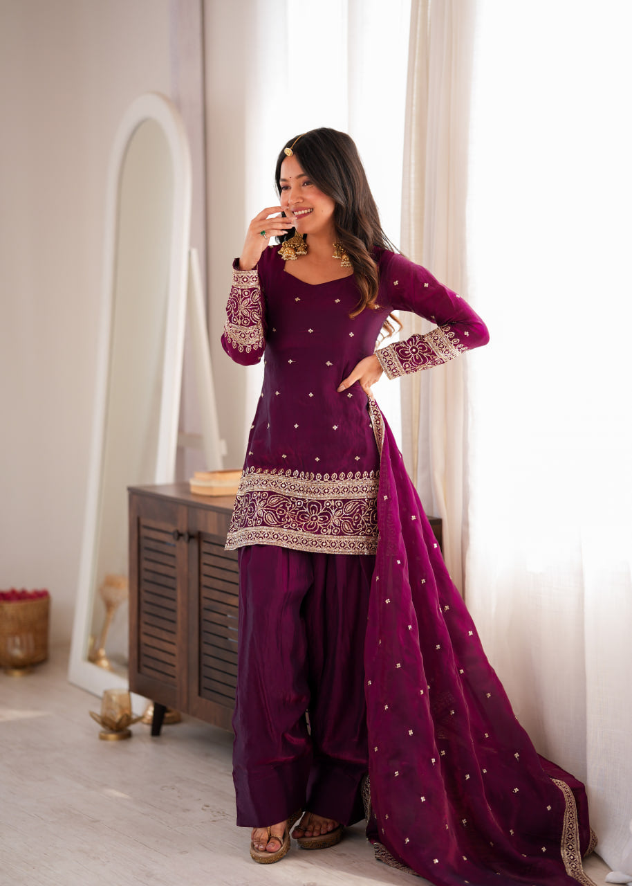 Women's Wine Heavy Fendy Silk Embroidered Kurta Farshi Shalwar Set with Glass Roman Silk Dupatta