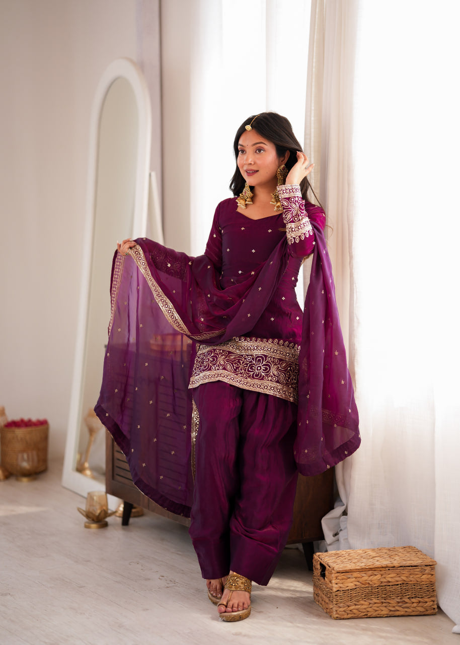 Women's Wine Heavy Fendy Silk Embroidered Kurta Farshi Shalwar Set with Glass Roman Silk Dupatta
