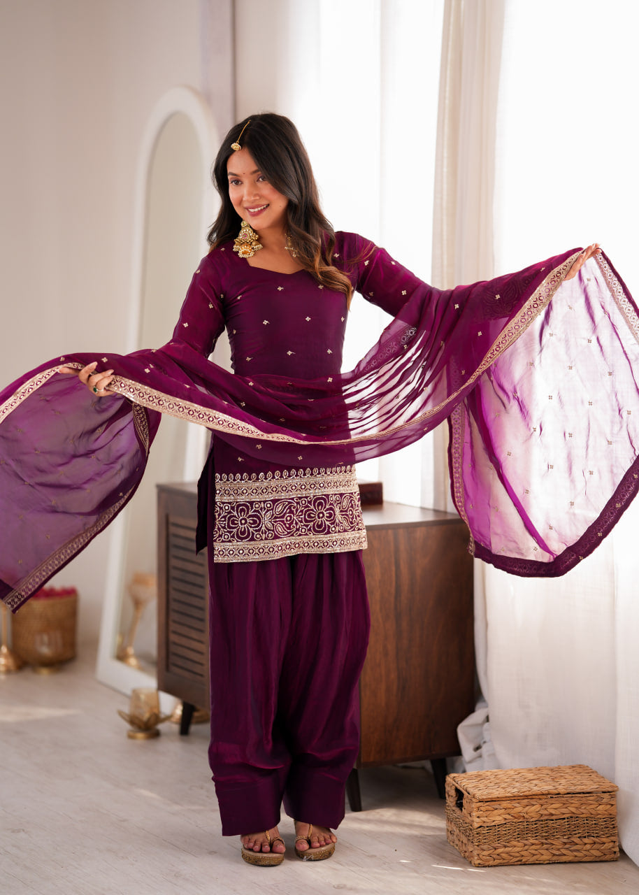 Women's Wine Heavy Fendy Silk Embroidered Kurta Farshi Shalwar Set with Glass Roman Silk Dupatta