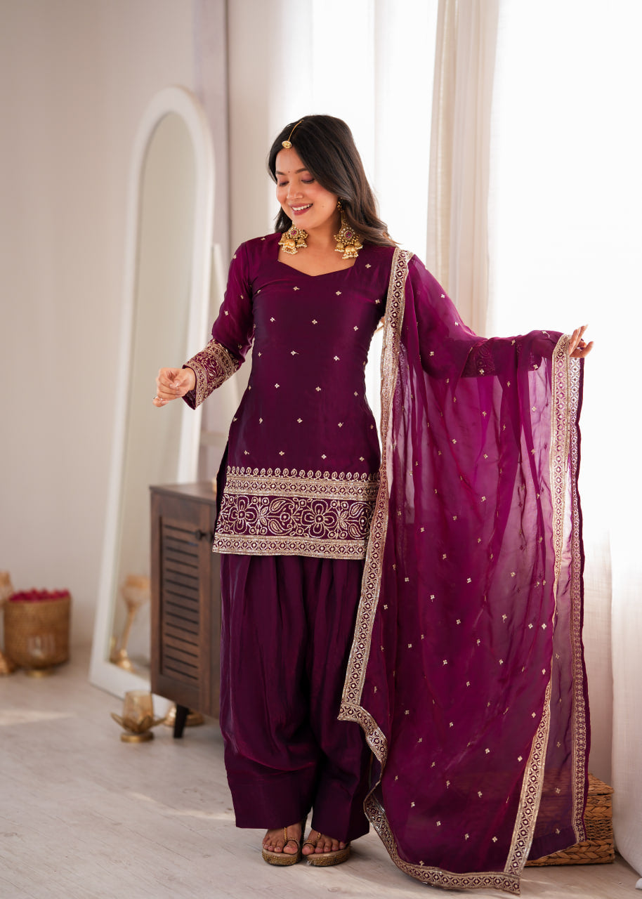 Women's Wine Heavy Fendy Silk Embroidered Kurta Farshi Shalwar Set with Glass Roman Silk Dupatta