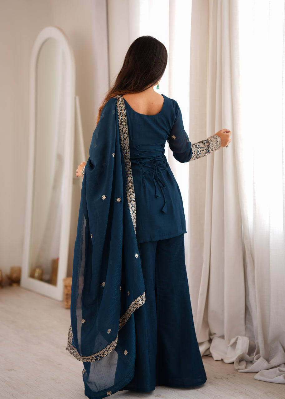Women's Teal Blue Crunchy Silk Embroidered Kurta Bell Bottom Pant Set with Dupatta