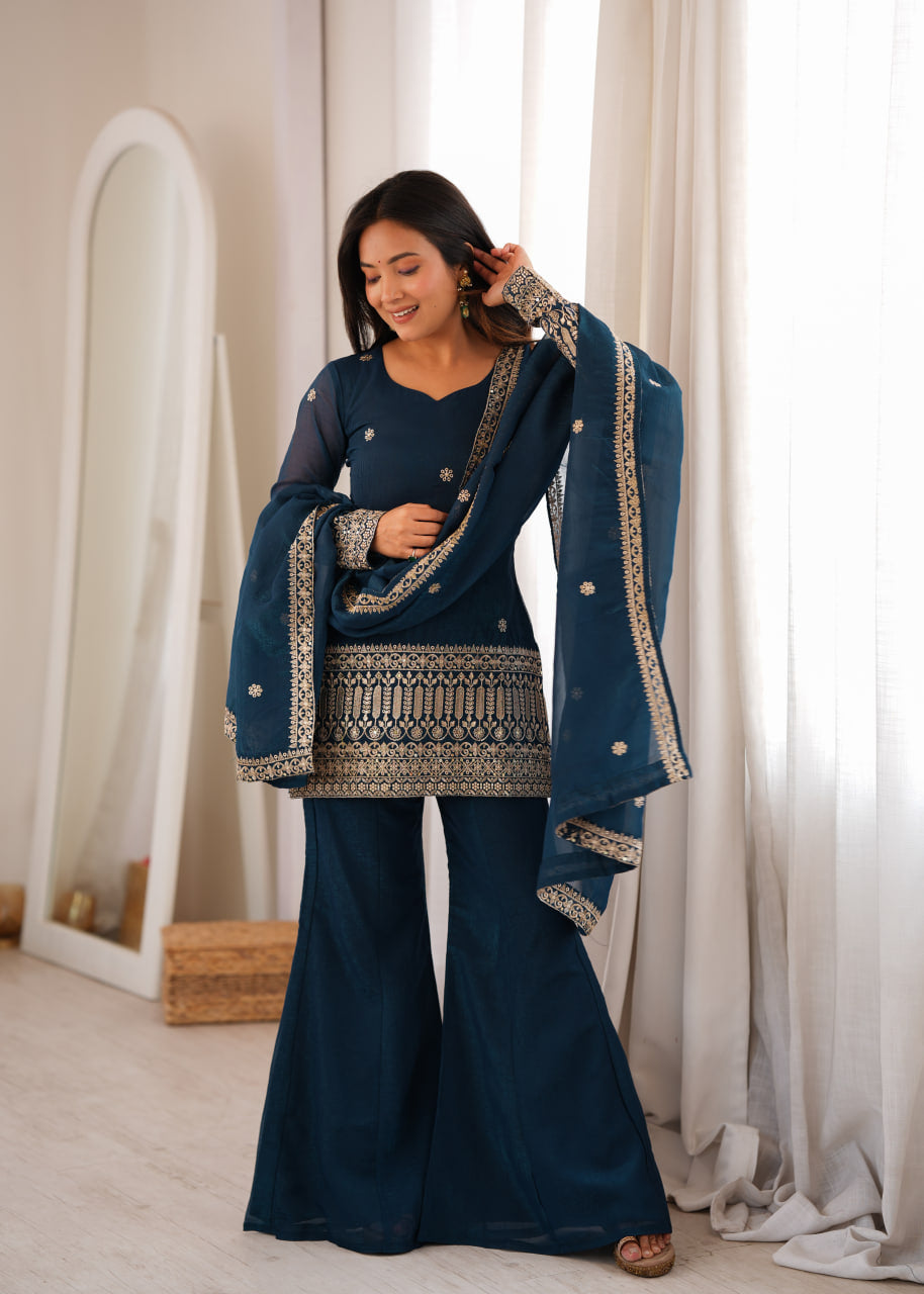Women's Teal Blue Crunchy Silk Embroidered Kurta Bell Bottom Pant Set with Dupatta