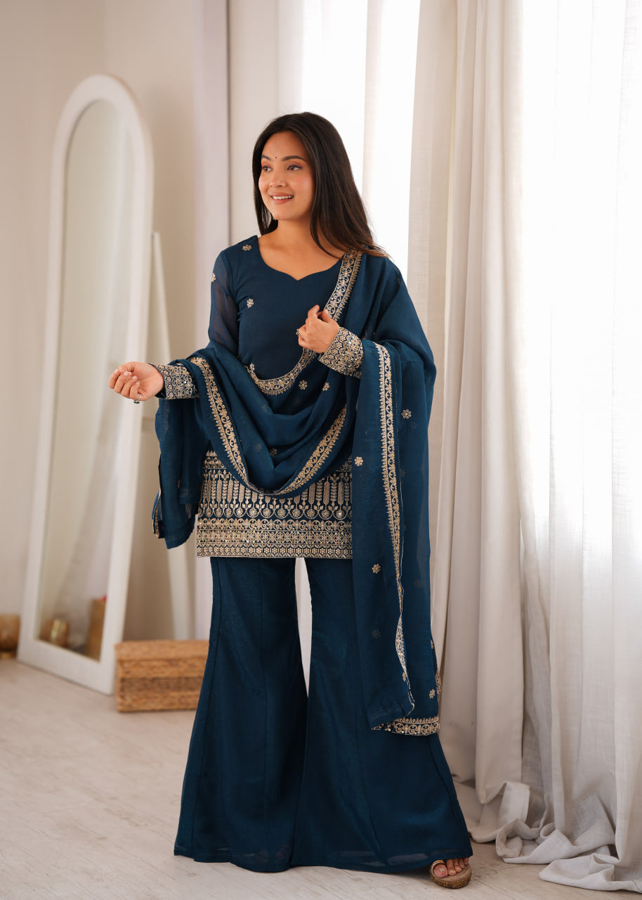 Women's Teal Blue Crunchy Silk Embroidered Kurta Bell Bottom Pant Set with Dupatta