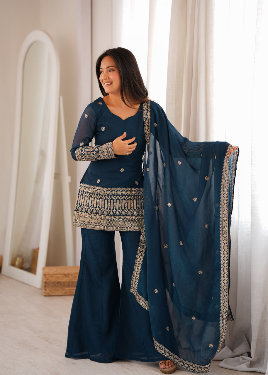 Women's Teal Blue Crunchy Silk Embroidered Kurta Bell Bottom Pant Set with Dupatta