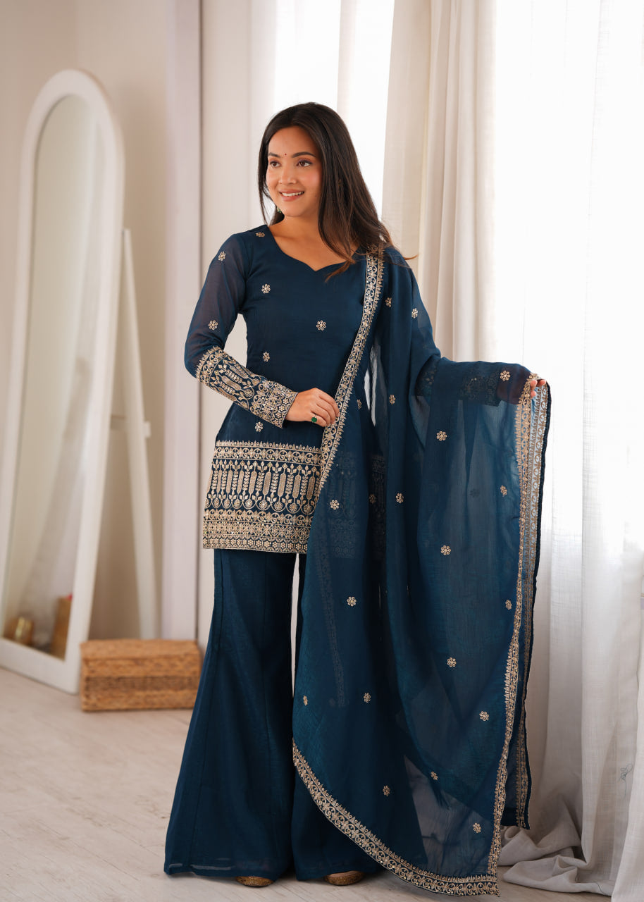 Women's Teal Blue Crunchy Silk Embroidered Kurta Bell Bottom Pant Set with Dupatta
