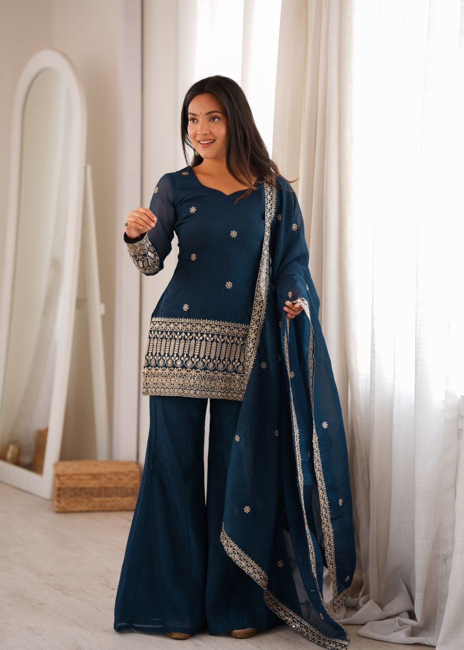 Women's Teal Blue Crunchy Silk Embroidered Kurta Bell Bottom Pant Set with Dupatta
