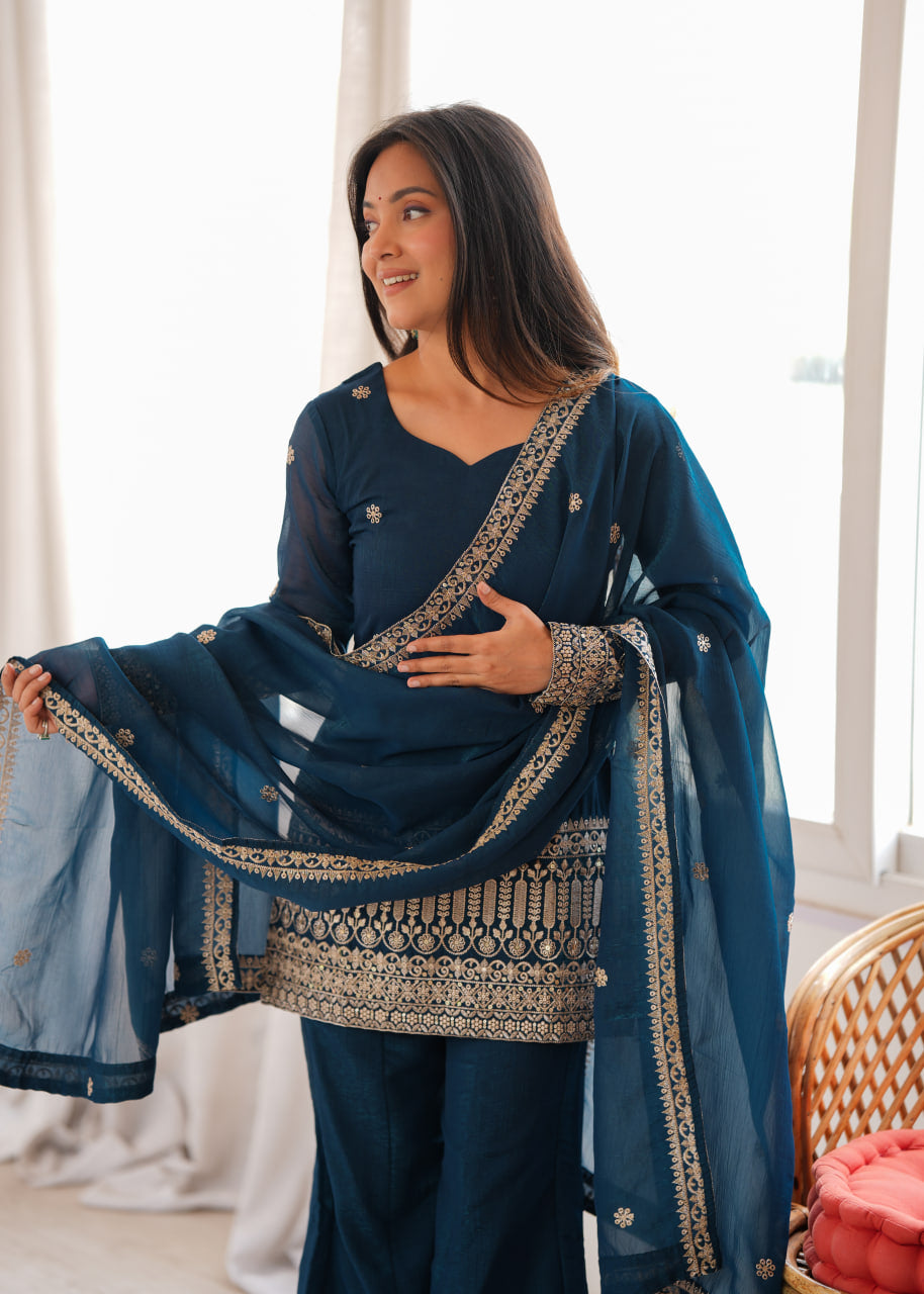 Women's Teal Blue Crunchy Silk Embroidered Kurta Bell Bottom Pant Set with Dupatta