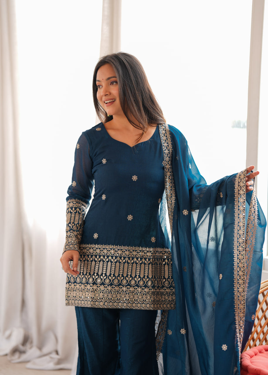 Women's Teal Blue Crunchy Silk Embroidered Kurta Bell Bottom Pant Set with Dupatta
