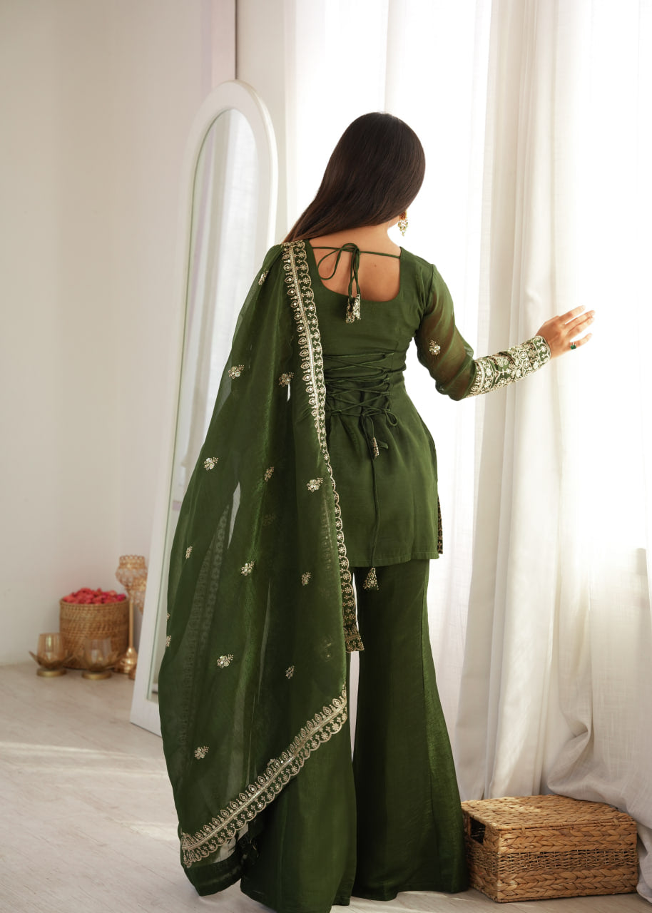 Women's Crunchy Silk Embroidered Kurta Bell Bottom Pant Set with Dupatta – Mahendi
