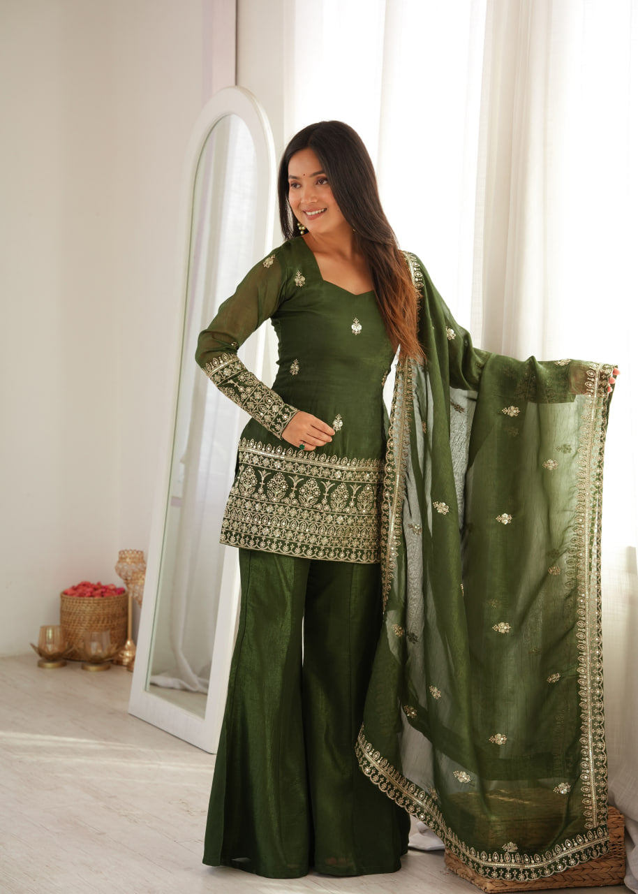 Women's Crunchy Silk Embroidered Kurta Bell Bottom Pant Set with Dupatta – Mahendi