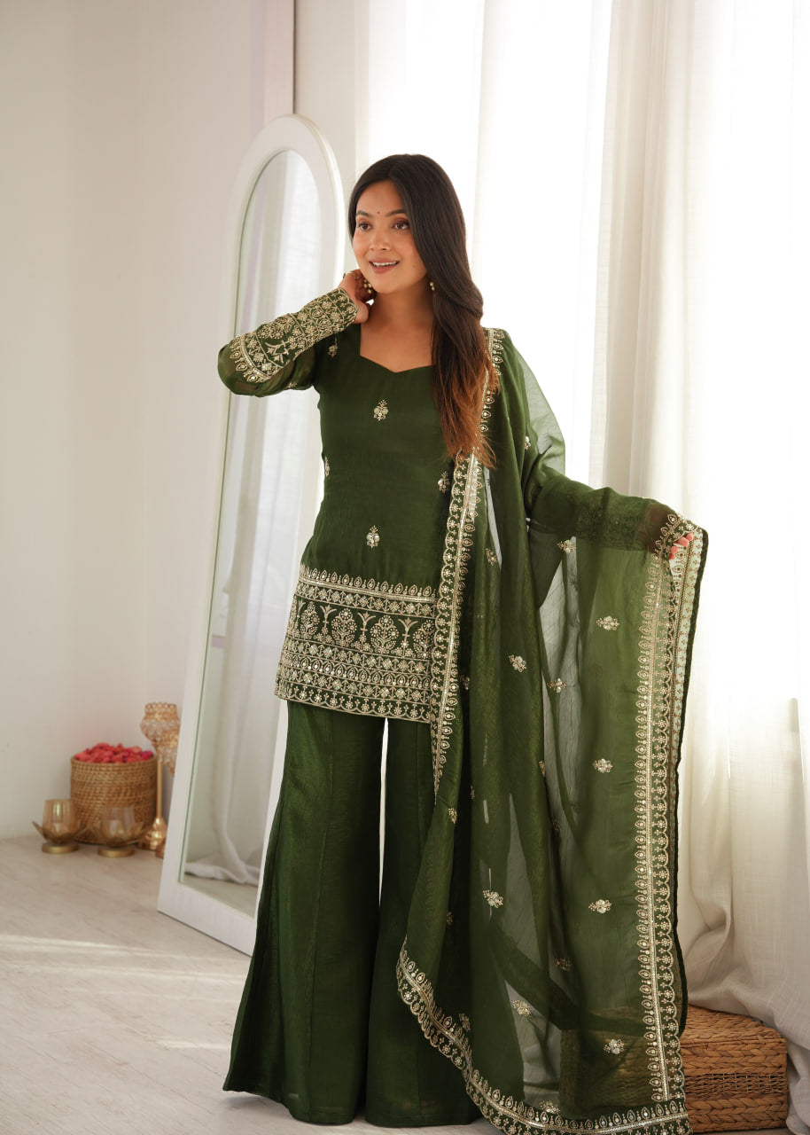 Women's Crunchy Silk Embroidered Kurta Bell Bottom Pant Set with Dupatta – Mahendi