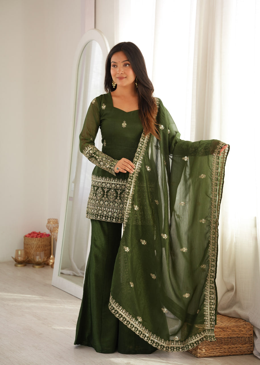 Women's Crunchy Silk Embroidered Kurta Bell Bottom Pant Set with Dupatta – Mahendi