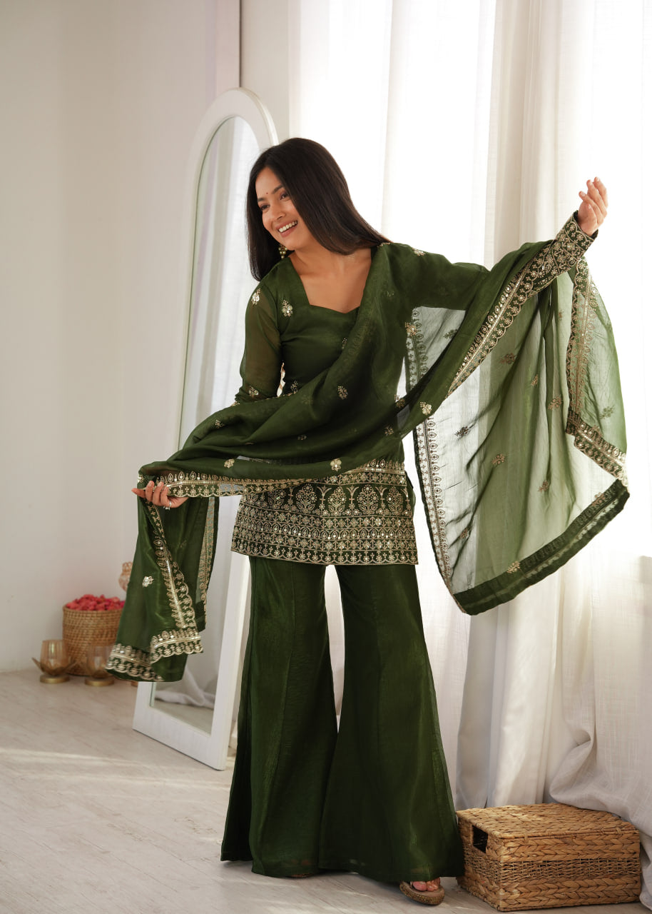 Women's Crunchy Silk Embroidered Kurta Bell Bottom Pant Set with Dupatta – Mahendi