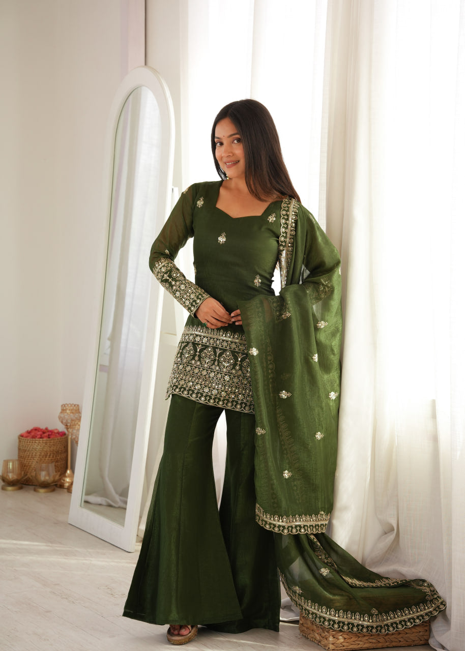 Women's Crunchy Silk Embroidered Kurta Bell Bottom Pant Set with Dupatta – Mahendi