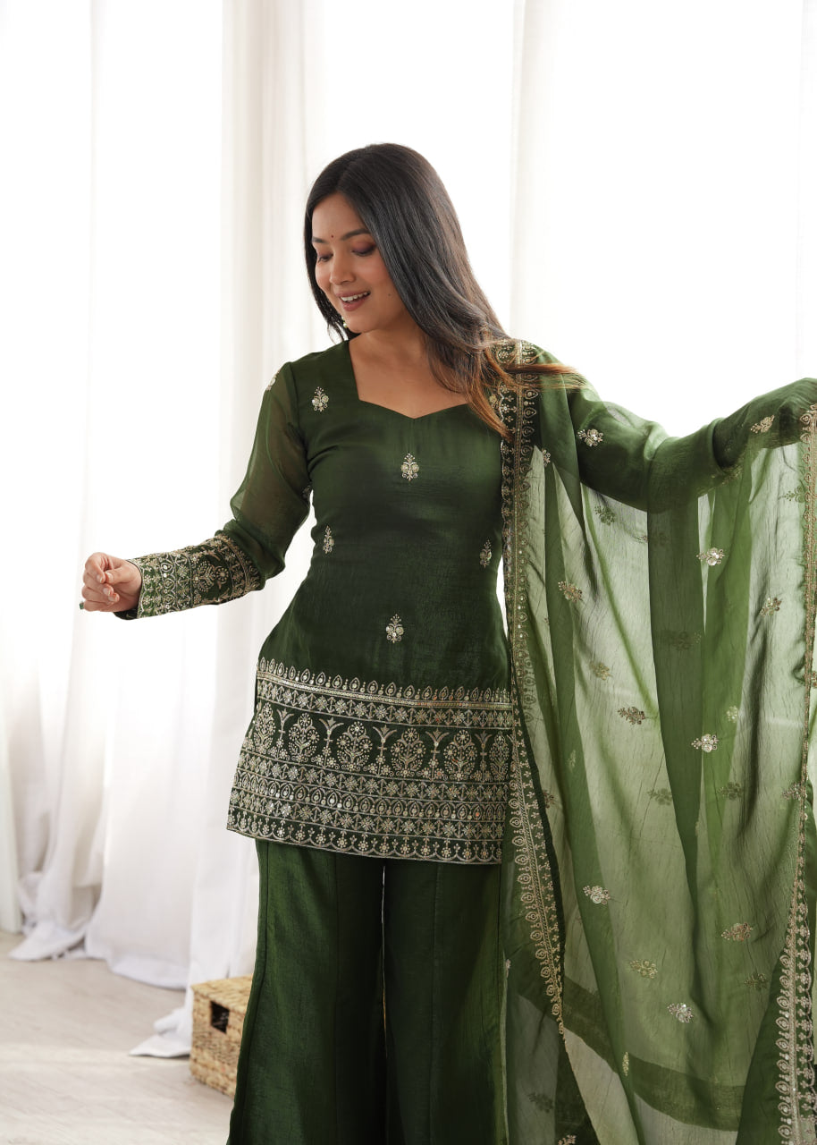 Women's Crunchy Silk Embroidered Kurta Bell Bottom Pant Set with Dupatta – Mahendi
