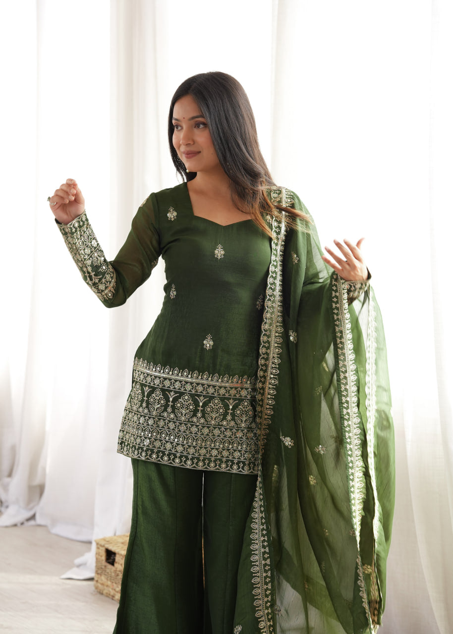 Women's Crunchy Silk Embroidered Kurta Bell Bottom Pant Set with Dupatta – Mahendi
