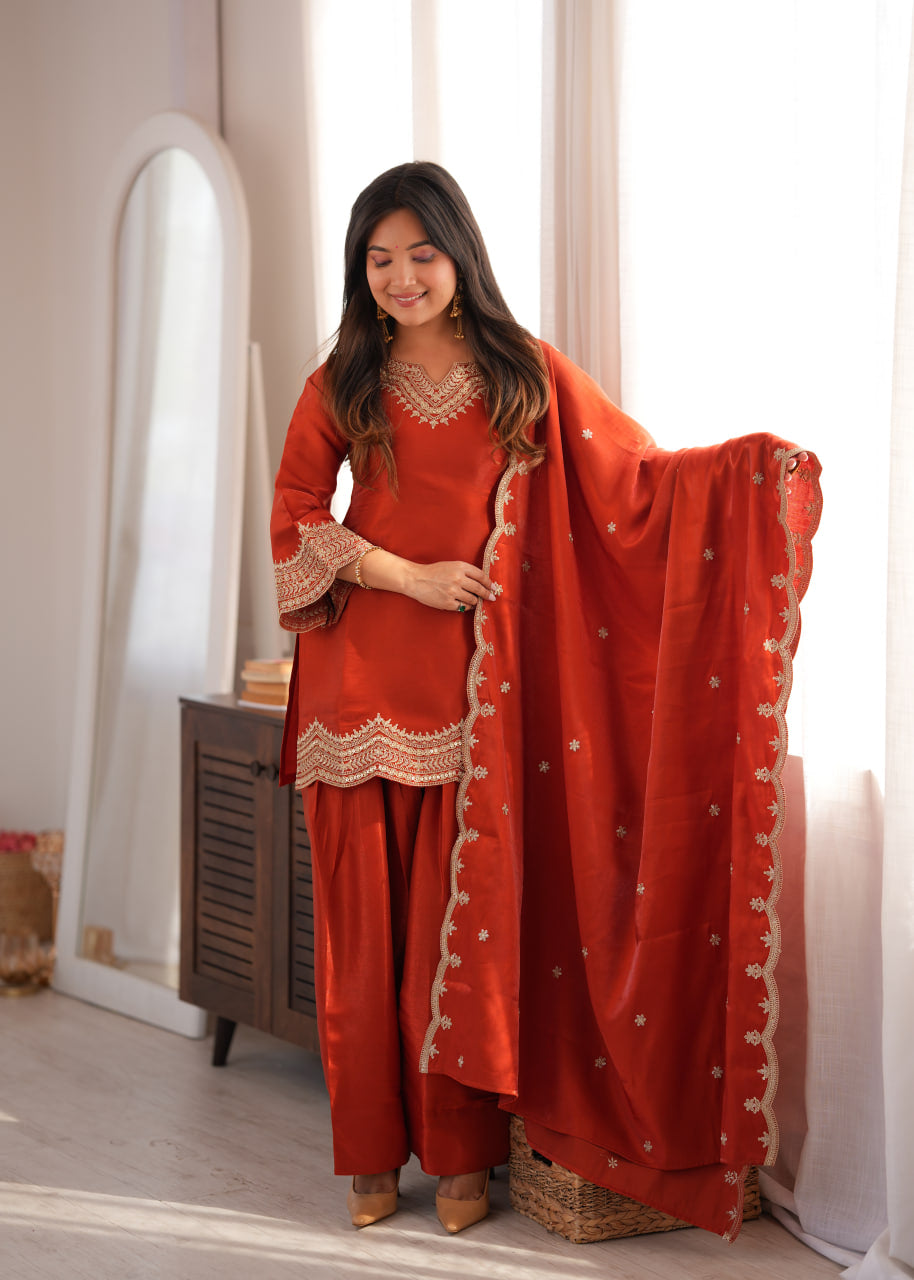 Women's Glass Roman Silk Embroidered Kurta Farshi Shalwar Set with Shawl Style Dupatta