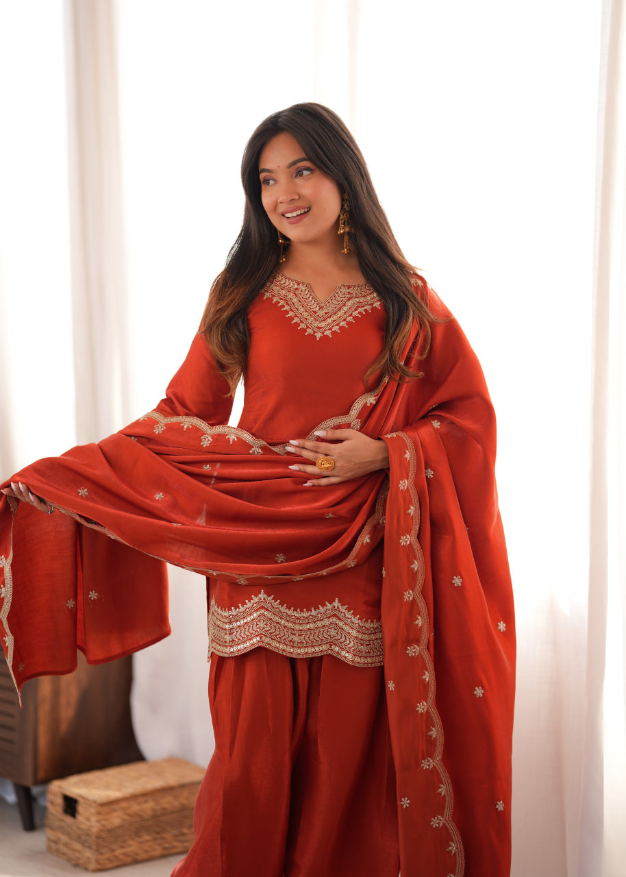 Women's Glass Roman Silk Embroidered Kurta Farshi Shalwar Set with Shawl Style Dupatta