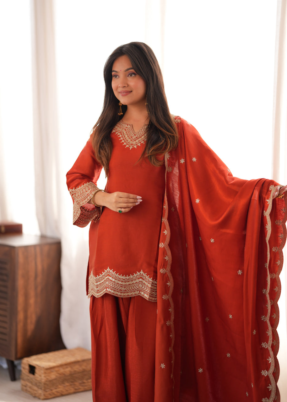 Women's Glass Roman Silk Embroidered Kurta Farshi Shalwar Set with Shawl Style Dupatta
