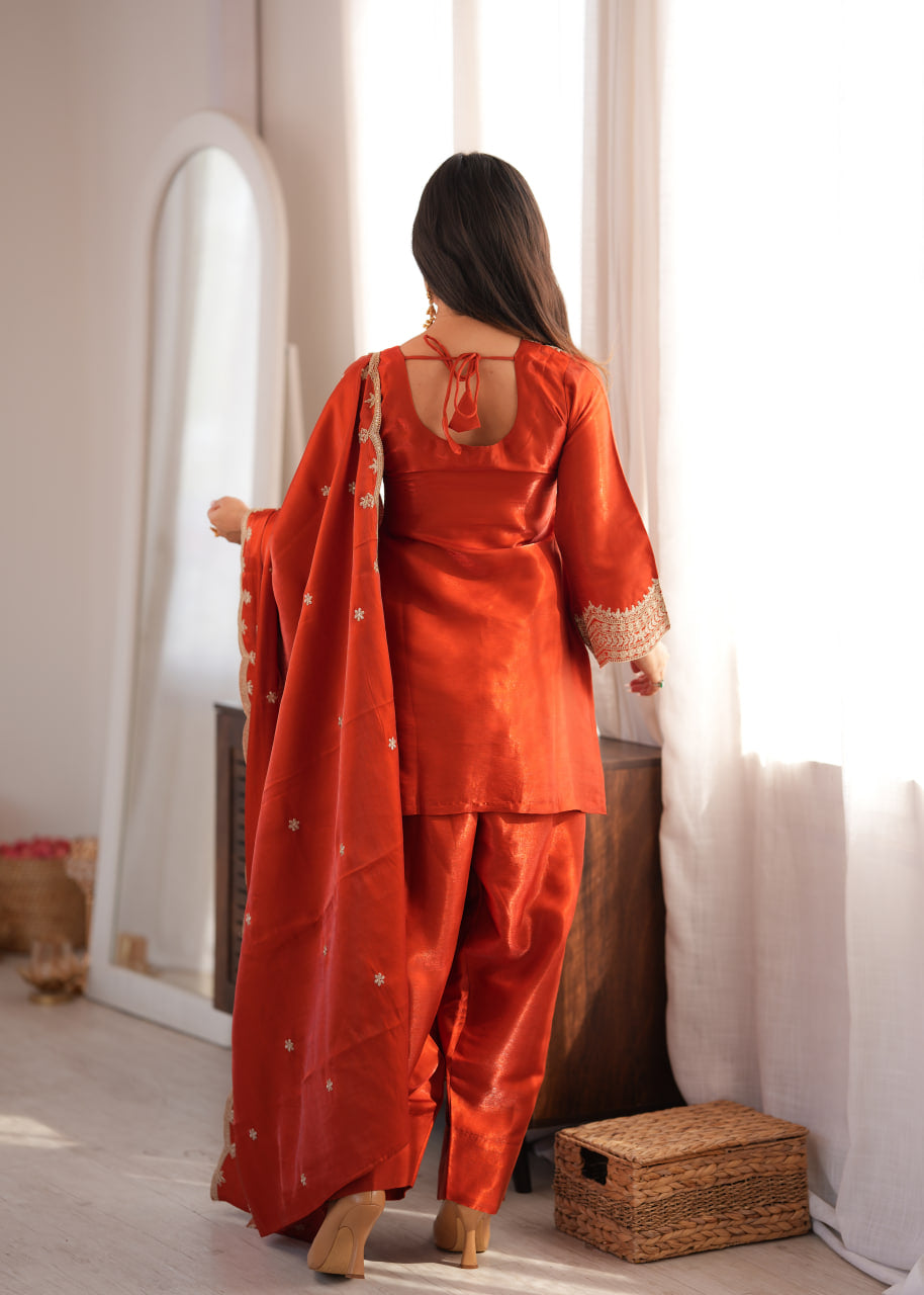 Women's Glass Roman Silk Embroidered Kurta Farshi Shalwar Set with Shawl Style Dupatta