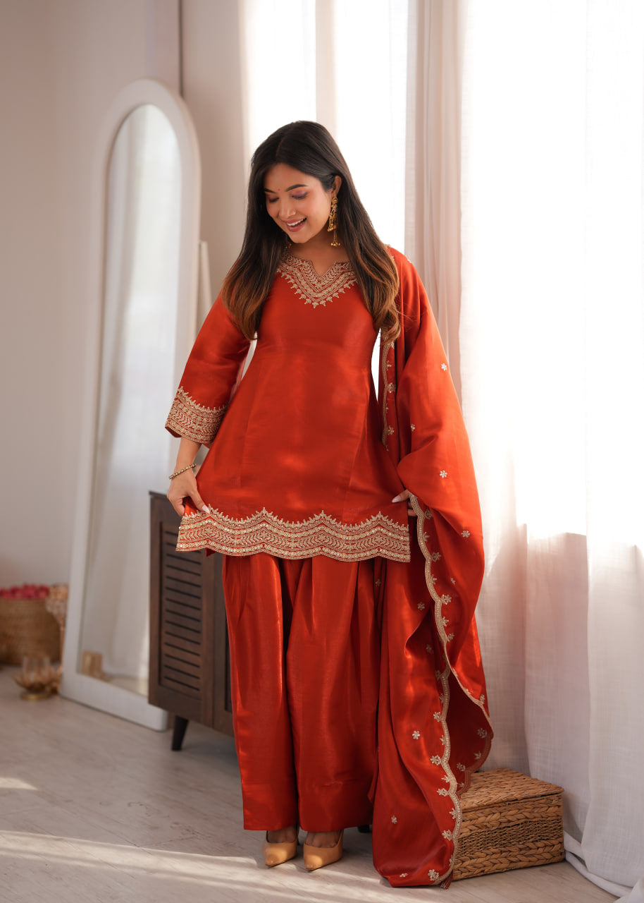 Women's Glass Roman Silk Embroidered Kurta Farshi Shalwar Set with Shawl Style Dupatta