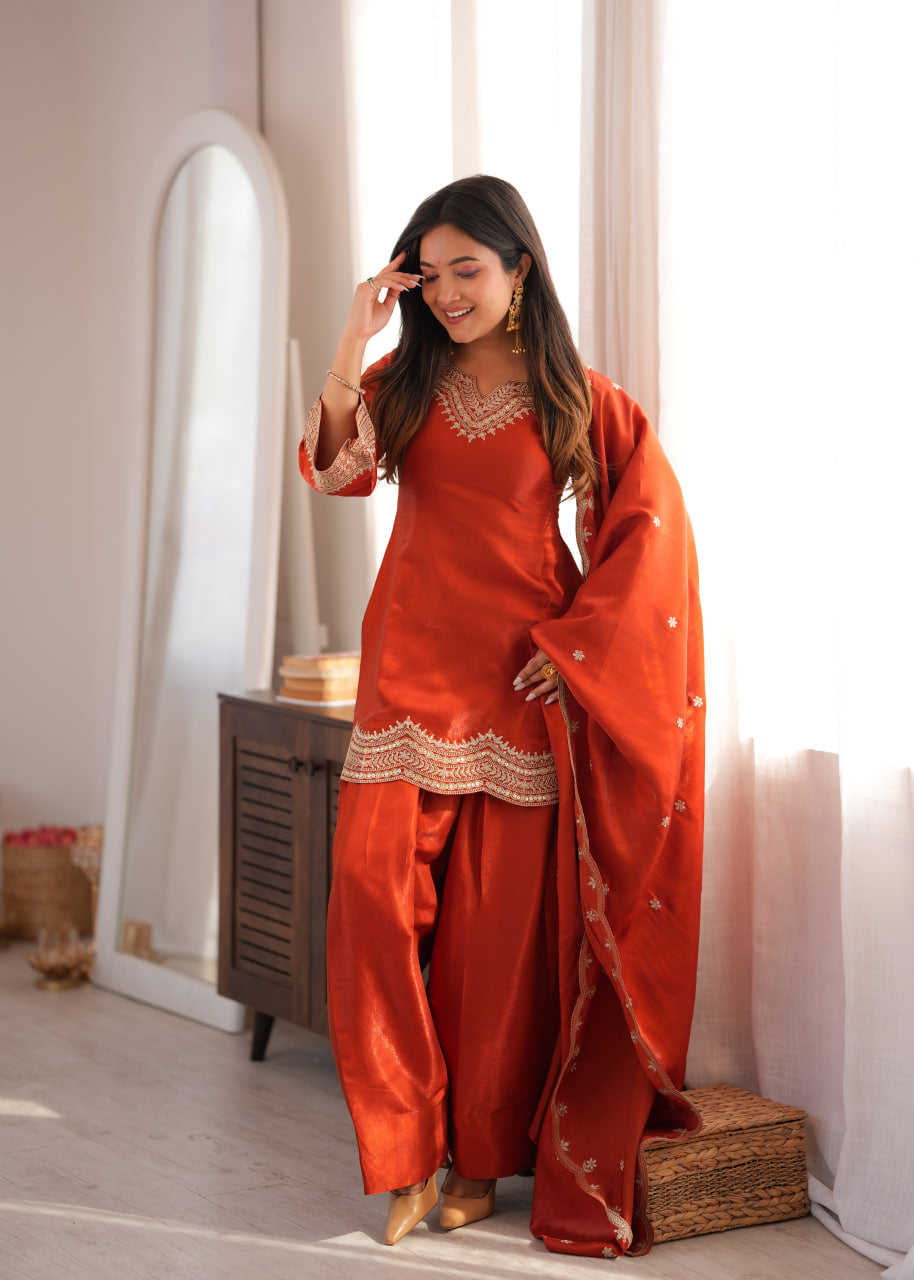 Women's Glass Roman Silk Embroidered Kurta Farshi Shalwar Set with Shawl Style Dupatta