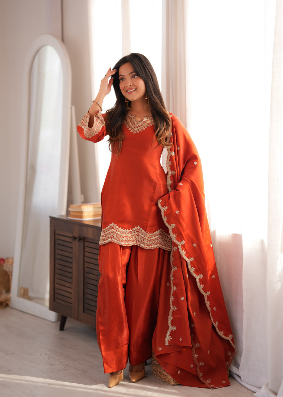 Women's Glass Roman Silk Embroidered Kurta Farshi Shalwar Set with Shawl Style Dupatta