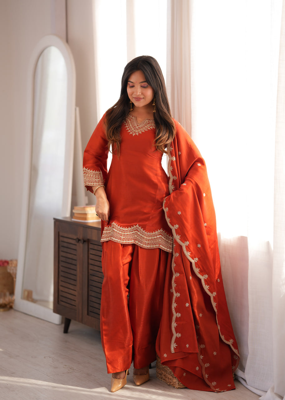 Women's Glass Roman Silk Embroidered Kurta Farshi Shalwar Set with Shawl Style Dupatta