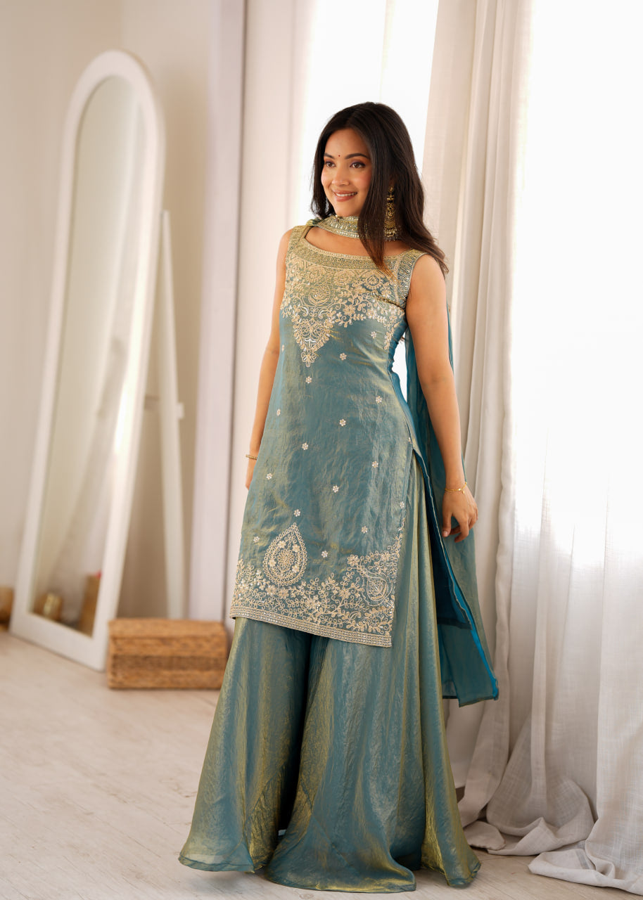 Women's Pure Soft Fendy Silk Embroidered Kurta Sharara Set with Dupatta