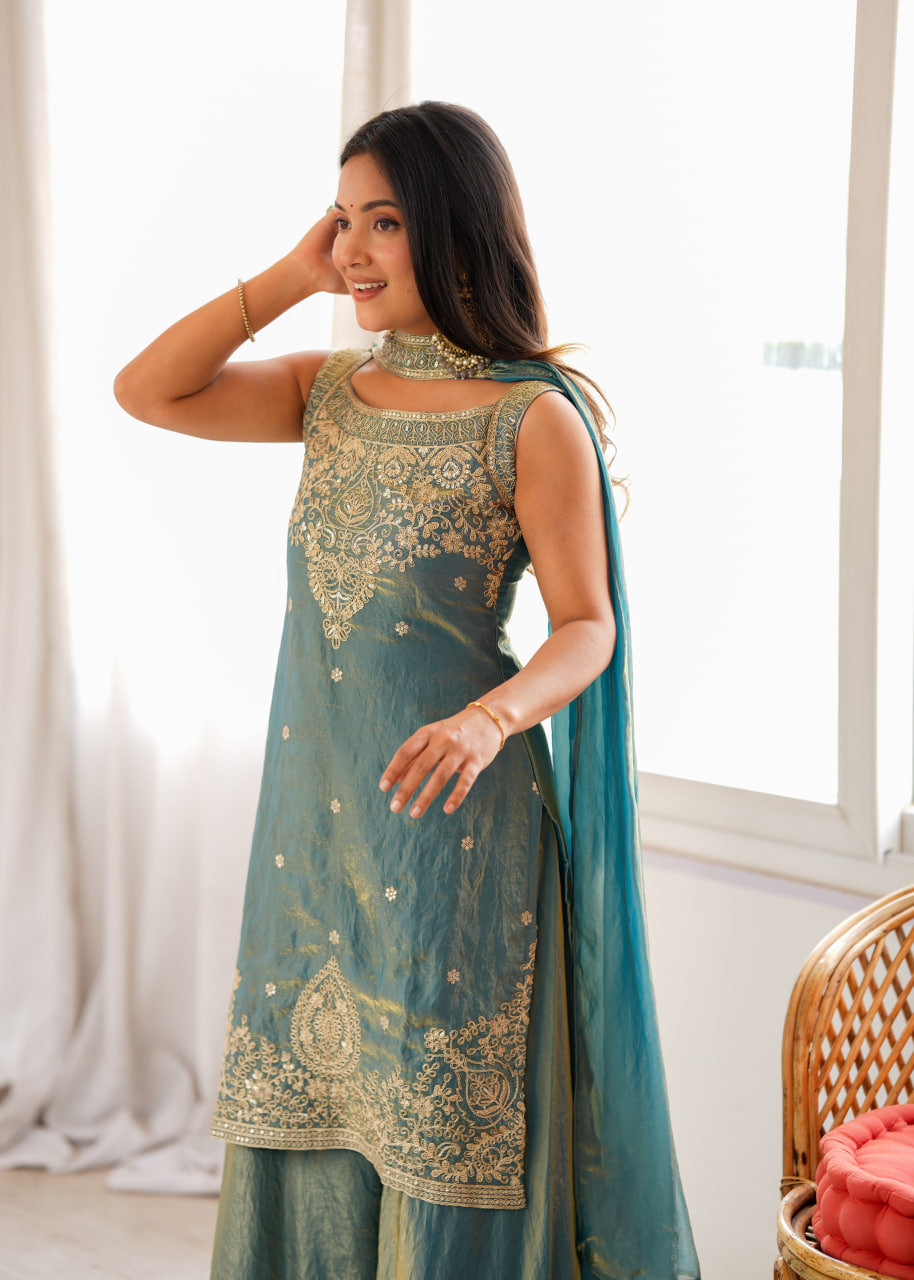 Women's Pure Soft Fendy Silk Embroidered Kurta Sharara Set with Dupatta