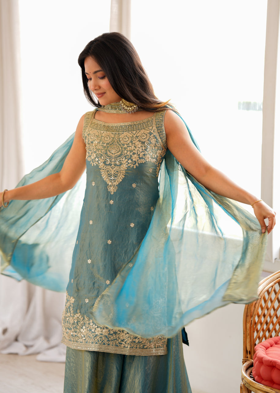 Women's Pure Soft Fendy Silk Embroidered Kurta Sharara Set with Dupatta